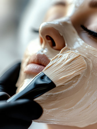 A beautician applies a creamy facial mask to a clientの素材