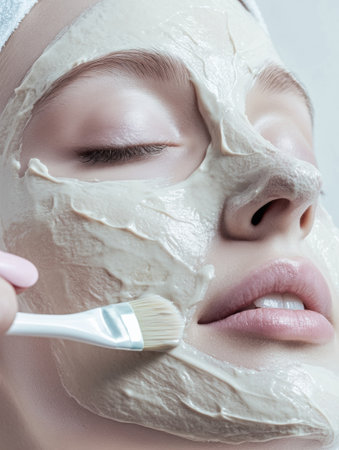 A beautician applies a creamy facial mask to a clients face, showing gentle textures and a soothing ambiance in the treatment room.の素材