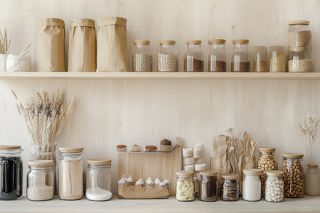 Shelves showcase an array of organic food products in eco-friendly packaging, emphasizing cleanliness and simplicity in design.の素材