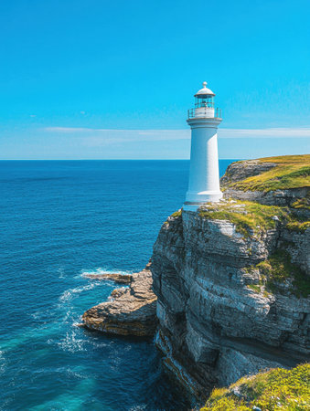 A lighthouse overlooks a stunning coastal landscape, with a deep turquoise sea and clear blue sky creating a serene summer atmosphere filled with holiday vibes.の素材