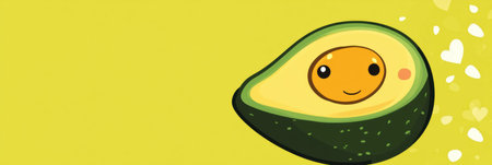 Playful oversized cartoon avocado showcases exaggerated features and vibrant colors, creating a fun atmosphere in a grocery store with cheerful design elements.の素材