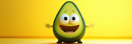 A large, friendly avocado with exaggerated features smiles joyfully in a grocery store aisle surrounded by bright yellow walls and lively fruit displaysの素材