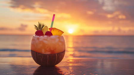 Enjoy a delightful summer cocktail served in a coconut shell, adorned with colorful garnishes, as the sun sets over a peaceful beach.の素材