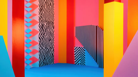 A vibrant retro-inspired setting features bold zigzags and neon colors, offering a creative space ideal for artistic expression and design exploration.の素材
