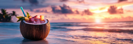 Enjoy a refreshing summer cocktail served in a coconut shell with tropical fruit garnish against a stunning sunset beach backdrop.の素材