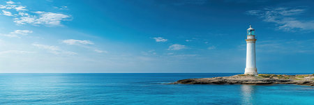 A coastal lighthouse rises majestically by the turquoise sea, under a bright blue sky, embodying the spirit of summer and vacation relaxation.の素材
