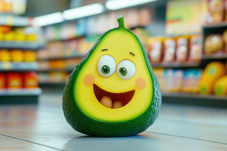 A cheerful cartoon avocado with bright features smiles in a grocery store, surrounded by colorful products, creating a fun shopping atmosphere.の素材