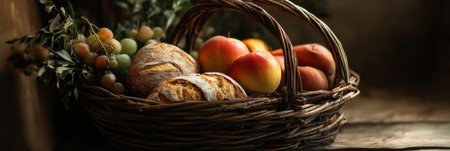 A rustic basket brims with fresh organic veggies, colorful fruits, and homemade bread, embodying natures abundance and simplicity.の素材