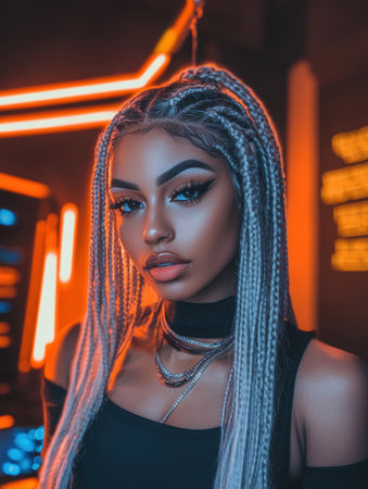 Dark aesthetic home office setup showcases multiple screens with coding activity, a backlit keyboard, and vibrant neon lighting enhancing the atmosphere.の素材