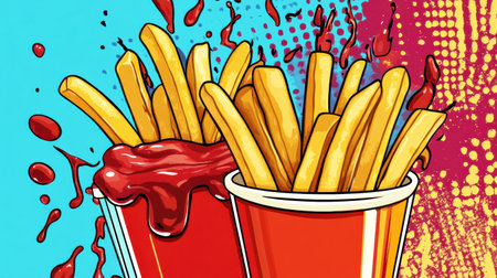 Bright and colorful pop-art illustration features French fries in playful cups surrounded by dynamic ketchup splashes and a variety of dipping sauces.の素材