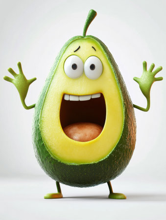 A playful oversized avocado with exaggerated expressions and vibrant colors displays joy and excitement in a lively grocery store environment.の素材