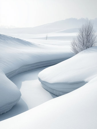A pure white snowy landscape gentle features slopes and soft natural shadows, creating a calming atmosphere in a minimalist winter environment.の素材