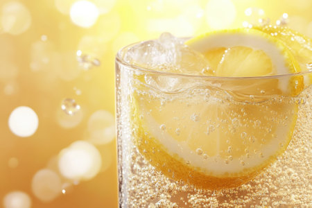 Enjoy a refreshing ice-cold soda in a glass featuring fizzy bubbles and lemon slices, perfect for a sunny day and brightening up any occasion.の素材