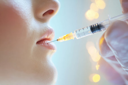 A detailed close-up reveals a cosmetic injection needle poised near the skin, surrounded by a glowing, sterile medical backdrop, conveying a sense of elegance.の素材