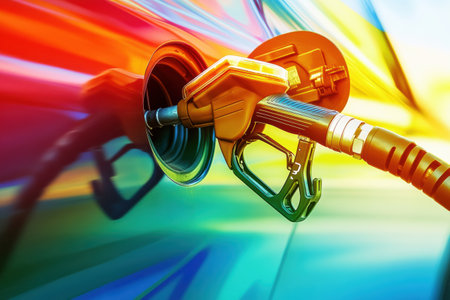 Bright colors of gasoline flow through modern shapes, showing a balance between energy use and environmental sustainability in a captivating abstract style.の素材