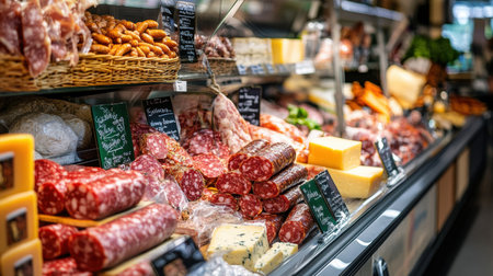 Brightly lit deli counter features a variety of colorful sausages, cured meats, and artisanal cheeses, all displayed with stylish glass reflections.の素材