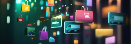 A sleek abstract design features icons of online shopping, credit cards, delivery trucks, and bags on a smooth gradient background.の素材