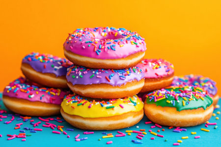 Colorful donuts with vibrant rainbow frosting and sprinkles are playfully arranged in a whimsical stack against a bright background, radiating joy and fun.の素材