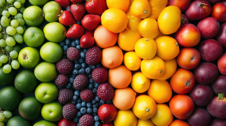 Display of fresh fruits meticulously organized by color gradient features red strawberries, green apples, yellow lemons, and purple grapes in vibrant hues.の素材