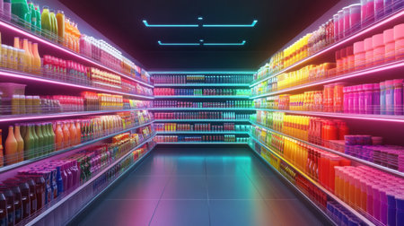 Brightly colored food packages fill a modern shelving unit, illuminated by high-contrast neon reflections in a futuristic grocery setting.の素材