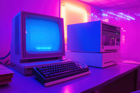 Workspace captures a nostalgic vibe with a vintage computer set in neon purple and blue lighting, embodying the essence of 80s technology and design.の素材