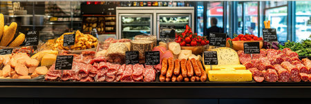 Bright and inviting deli counter features a variety of sausages, cured meats, and artisanal cheeses, showing vibrant colors and appealing presentation.の素材