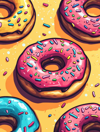 Bright and cheerful donuts showcase various rainbow frostings and colorful sprinkles, creating a visually appealing and fun dessert atmosphere.の素材
