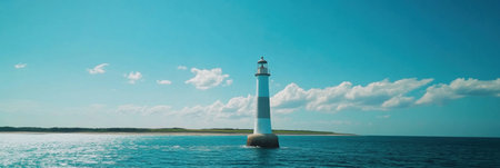 A tall lighthouse overlooks the deep turquoise sea under a clear blue sky, embodying the essence of summer beach life and coastal beauty.の素材