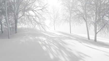 Pure white snow blankets the ground, forming gentle curves. Bare trees cast subtle shadows in the tranquil, frosty landscape, evoking peace and solitude.の素材