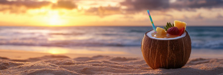 Enjoy a vibrant summer cocktail nestled in a coconut shell, complete with a colorful straw and tropical fruit, against a stunning sunset beach backdrop.の素材