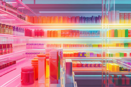 Brightly colored food packages line a modern shelf, showcasing high-contrast neon reflections, creating a futuristic grocery shopping atmosphere.の素材