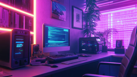This workspace features a vintage computer and glowing neon purple and blue lights, evoking nostalgia and an 80s tech vibe, perfect for creativity.の素材