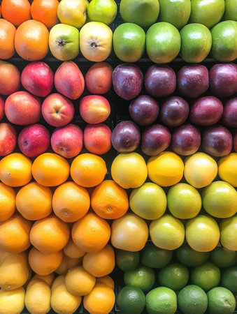 A top-down view showcases a stunning arrangement of fresh fruits organized by color, featuring red, yellow, green, and purple hues in a market display.の素材