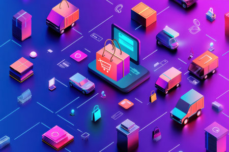 A lively abstract background featuring icons of online shopping, credit cards, delivery trucks, and bags, highlighting digital commerce.の素材