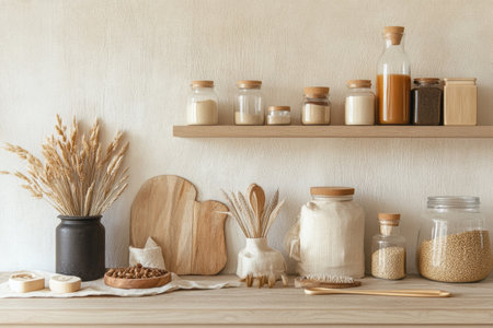 Display features a variety of organic food products arranged neatly in sustainable wooden packaging, creating a serene and minimalist atmosphereの素材