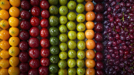 A top-down view reveals a meticulously arranged display of fresh fruits, displaying a beautiful gradient of colors from red to purple, yellow and green.の素材