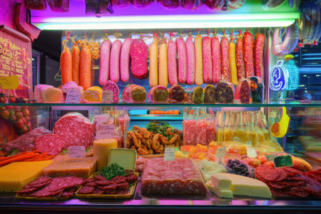 A lively deli counter displays a range of sausages, cured meats, and artisanal cheeses, brightened by glass reflections and neon lights.の素材