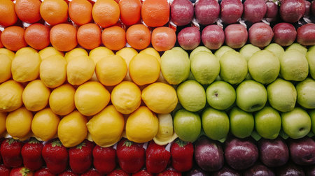 Brightly colored fresh fruits are meticulously arranged by color gradient, creating a visually stunning display in an open market setting.の素材