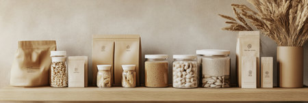 A modern array of organic food products is showcased in sustainable wooden packaging.の素材