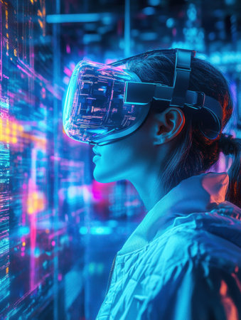 Person engaged in a virtual reality fitness workout surrounded by interactive digital holograms, showcasing a vibrant, cyberpunk atmosphere.の素材