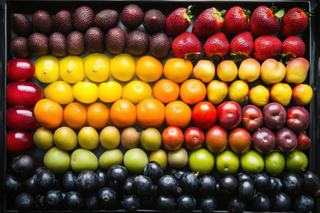 Fresh fruits are meticulously organized in a vibrant color gradient, showing hues from red, yellow, green, to purple in an artistic arrangement.の素材