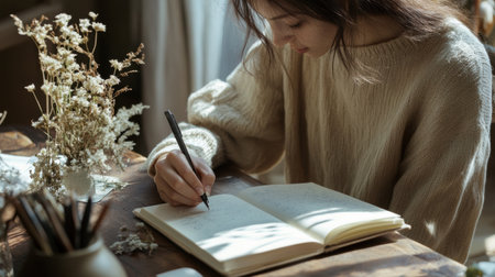 A person is focused on writing in a stylish notebook in a minimalist office. Natural light highlights the soft neutral colors and the serene atmosphere.の素材