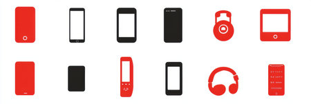 Collection of telephone icons in red and black showing various mobile and landline designs suitable for communication and branding needs.の素材
