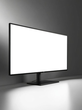 Bright white screen of a sleek desktop monitor illuminates a minimalistic workspace designed for productivity with soft shadows and a clean aesthetic.の素材