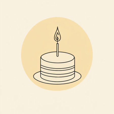 Clean design features a birthday cake with a single lit candle against a warm gold and pastel backdrop, perfect for celebrations and festive eventsの素材