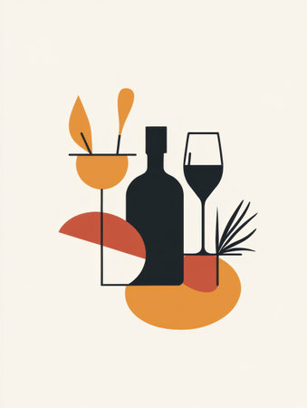 Stylish party-themed logo showing celebratory icons including drinks and fruits, designed for festive occasions with a contemporary aesthetic and warm colors.の素材