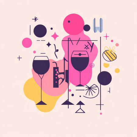 This design features a stylish party logo with abstract celebratory symbols, minimal text, and a vibrant yet soft background for celebrations.の素材