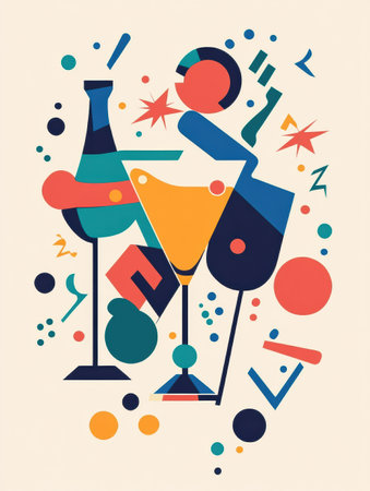Stylish logo featuring abstract celebratory icons and minimal typography, ideal for a modern party atmosphere with vibrant colors and soft background.の素材