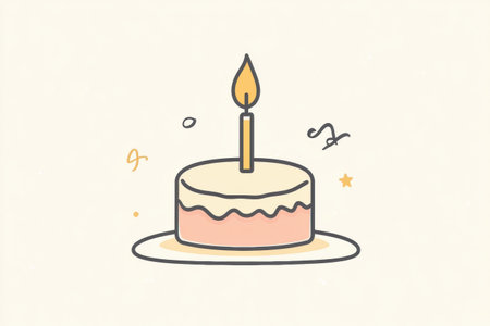 A simple outline design showcases a birthday cake with a single lit candle surrounded by a warm gold and pastel background, perfect for celebrations.の素材