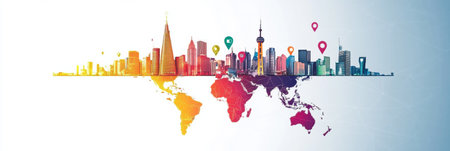 Stylized travel map highlights vibrant cities with colorful pins showing exciting destinations, encouraging exploration and planning future adventures.の素材